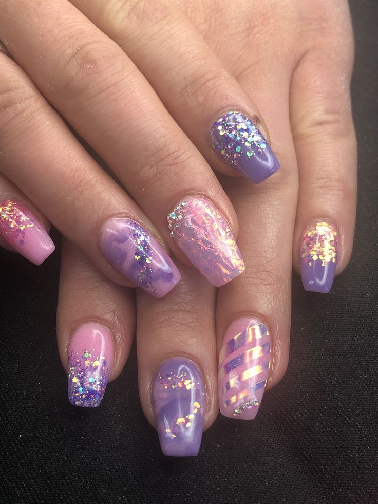 Enchanting mermaid-inspired ombre with shimmering violet, pink, and silver.