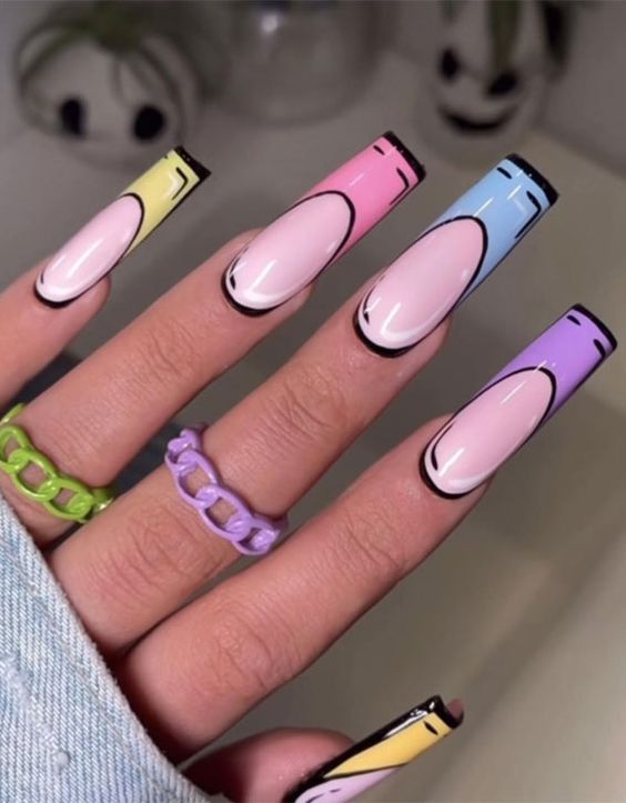 Pop culture-inspired French nails in pastel hues steal attention.