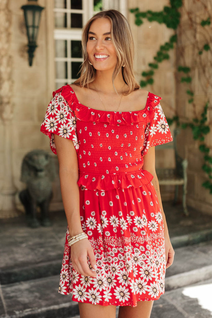 Red ruffle floral dress 
