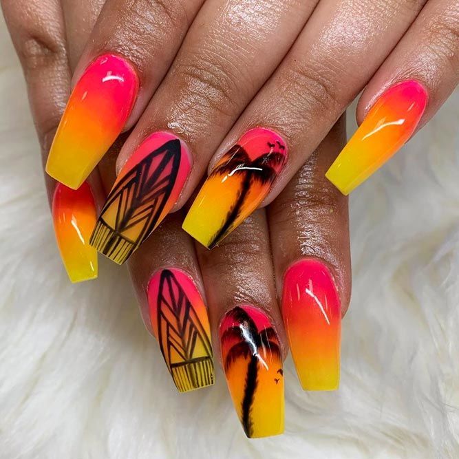 Pink, orange, and yellow blend on fingertips.