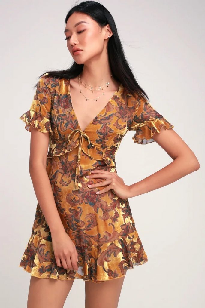 Velvety golden floral dress