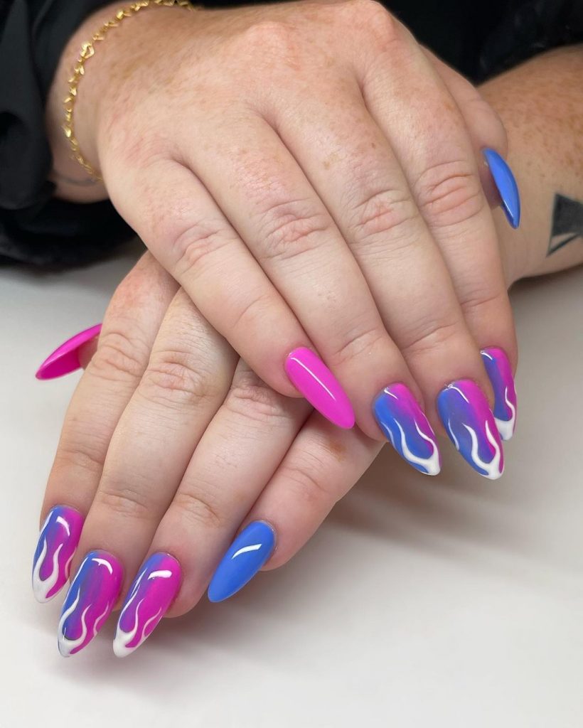 Fiery pink nails with a glossy azure touch.
