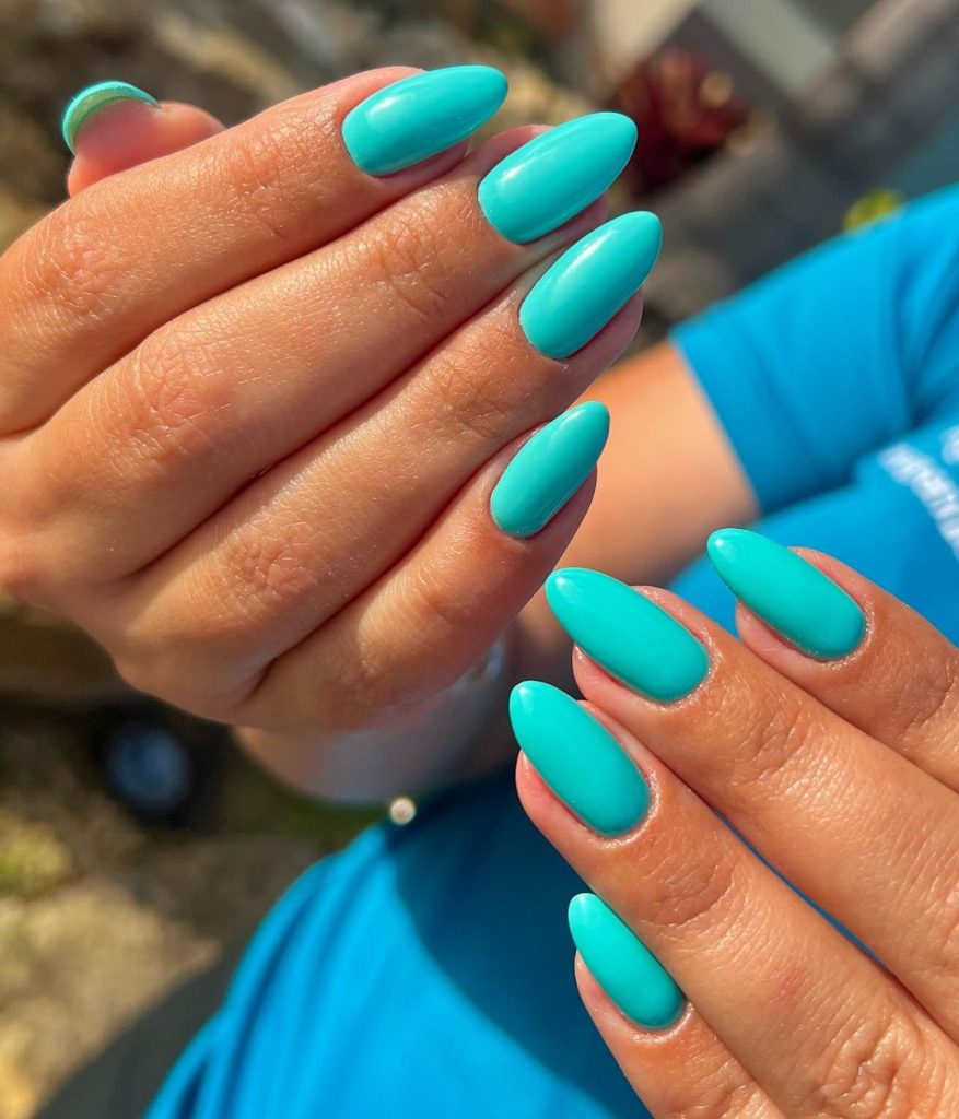 Shimmering turquoise with a glossy finish.