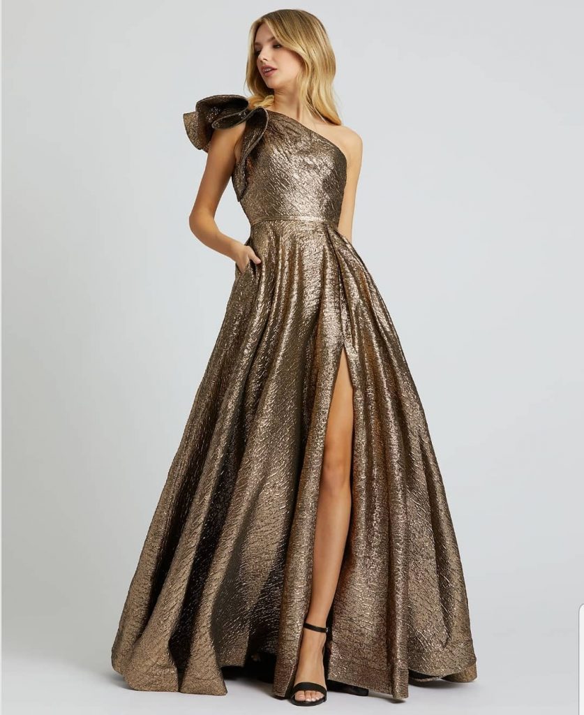 bronze brocade wedding guest gown