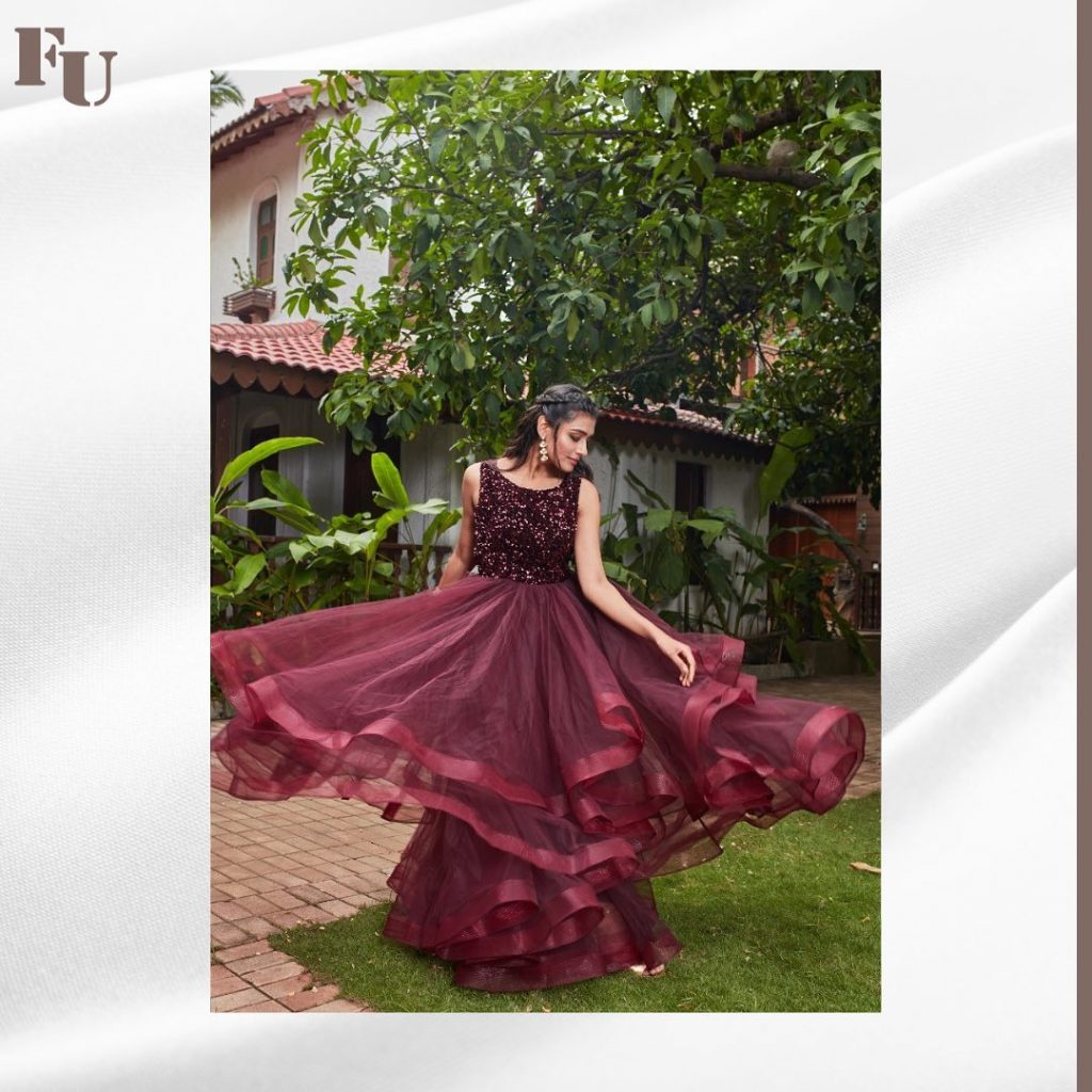 maroon gown with ruffles