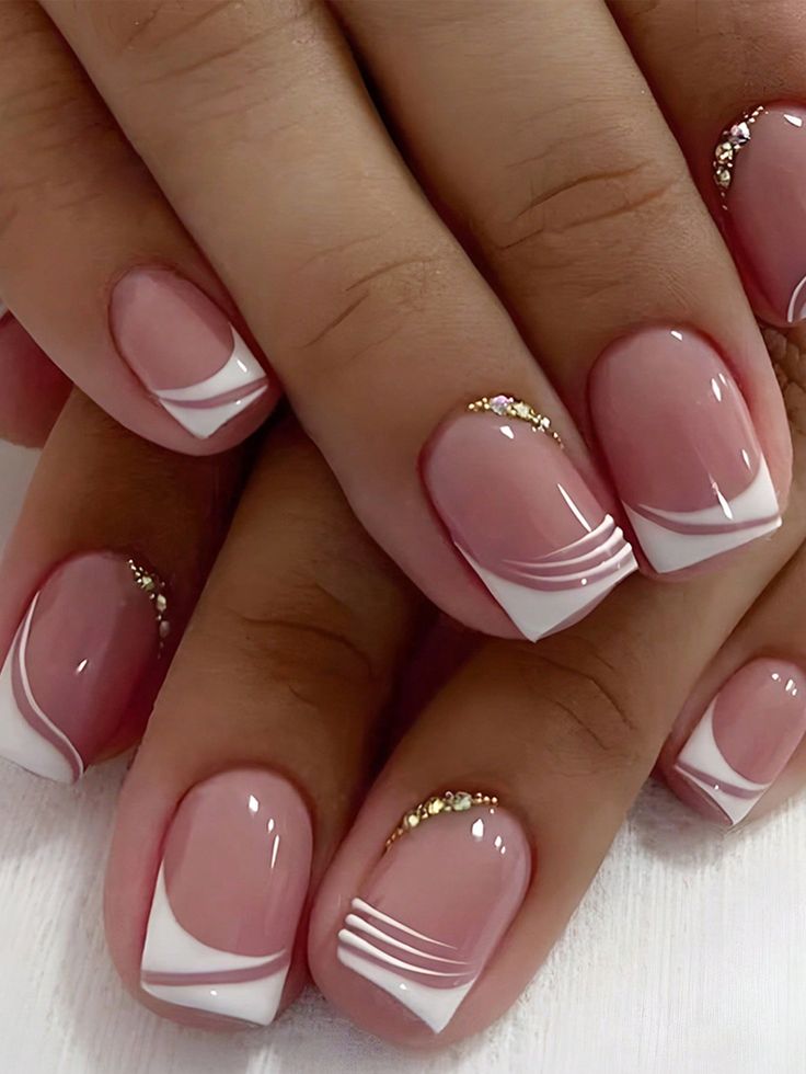Short square nails with rhinestone accents
