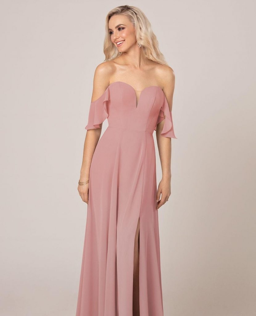 nude-colored wedding guest dress