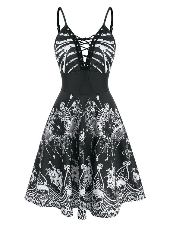 Dancing Skeleton Prints Black Attire