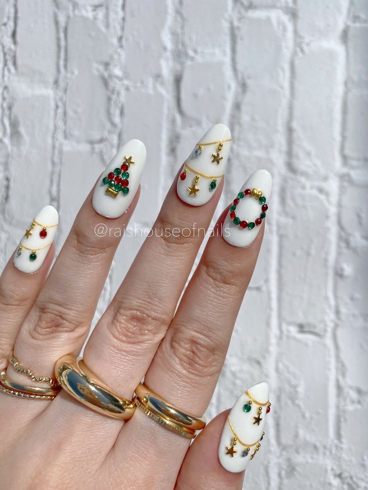 Christmas almond nails designs on elegant ivory.