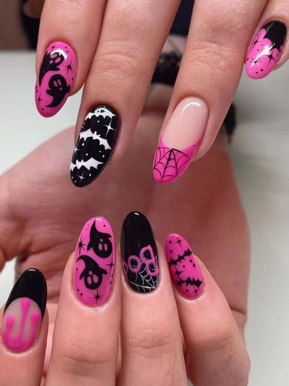 Pink and black with ghost and bat accents.