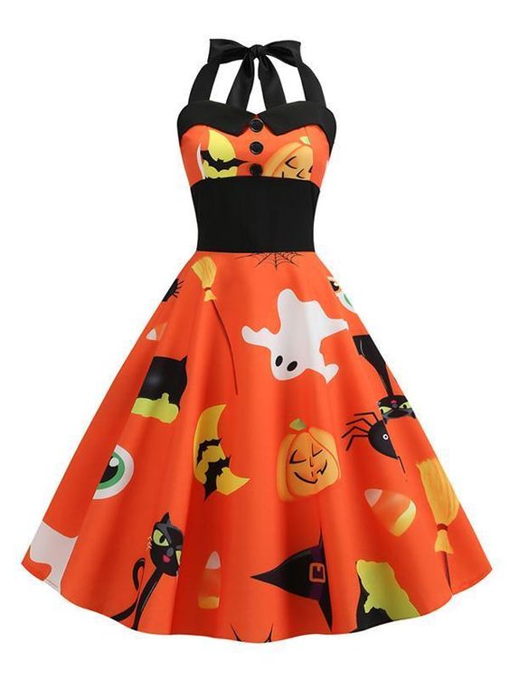 Halloween Print Hanging Neck Orange Dress