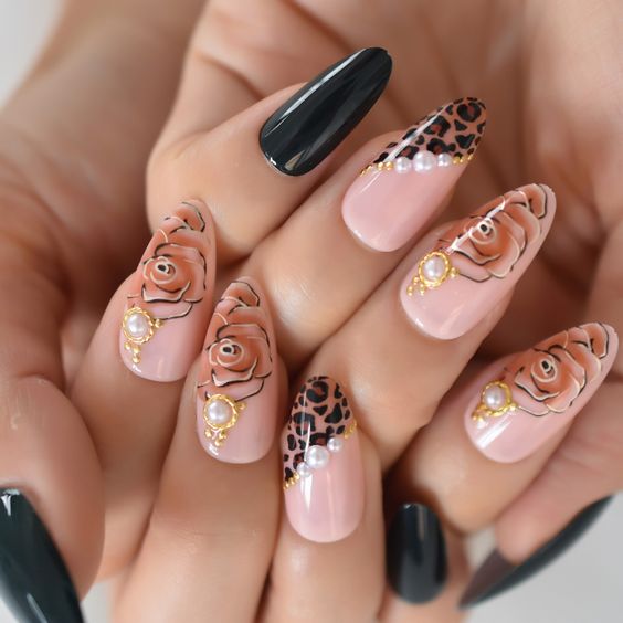 Leopard, roses, pearls, beige & black almond nails.