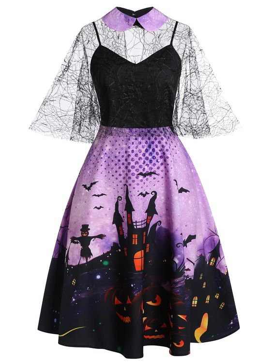 Purple Haunted House Dress With Mesh Sleeves