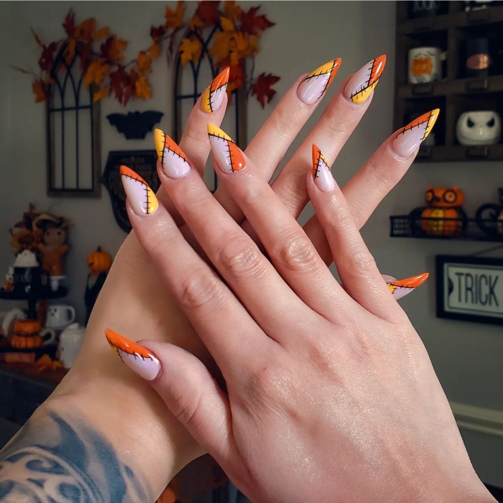 Nude with v-tip patchwork in yellow and orange.