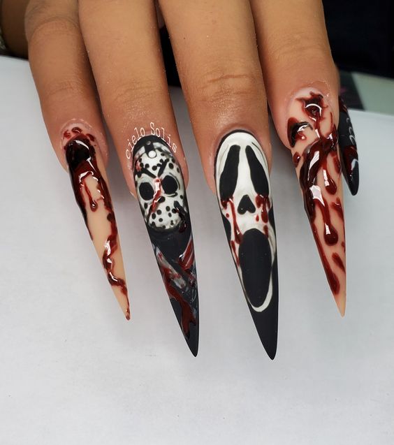 Scary stiletto with monochrome ghost and skull.