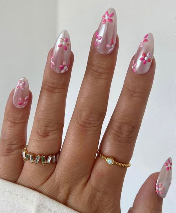 Hot pink and white floral motifs on chrome.