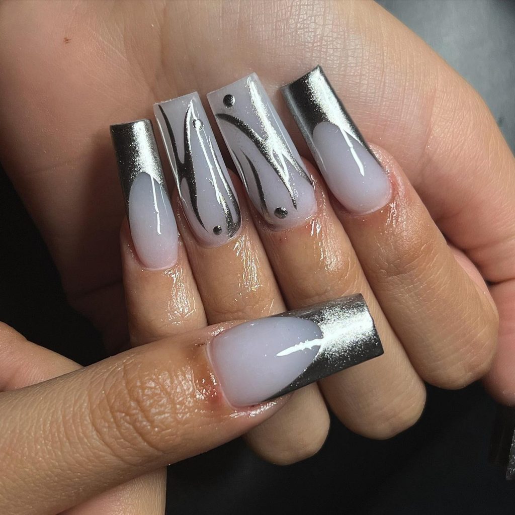 Grey French chrome square nails.