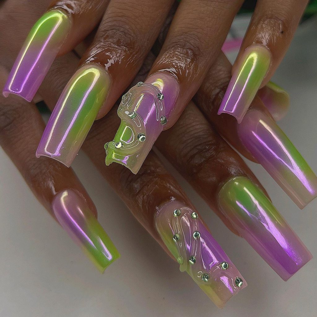 Holographic green and pink ombre.