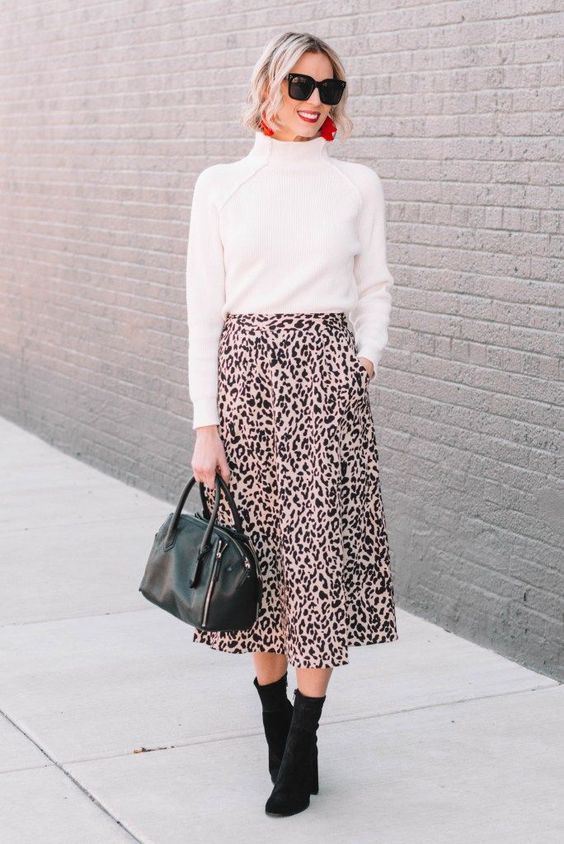 Midi Skirt and Sweater with black boots