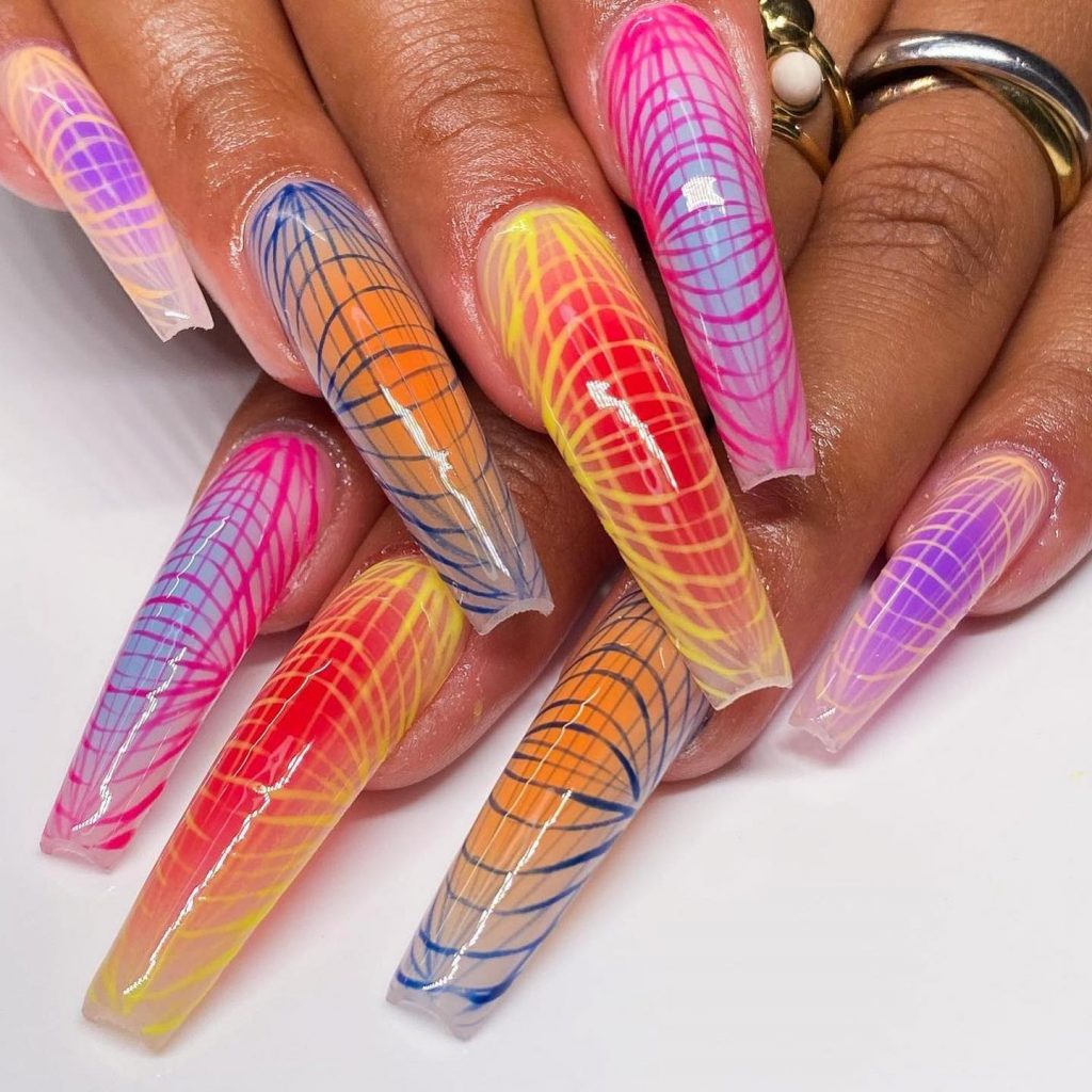 Multi-colored ombre with grid lines.
