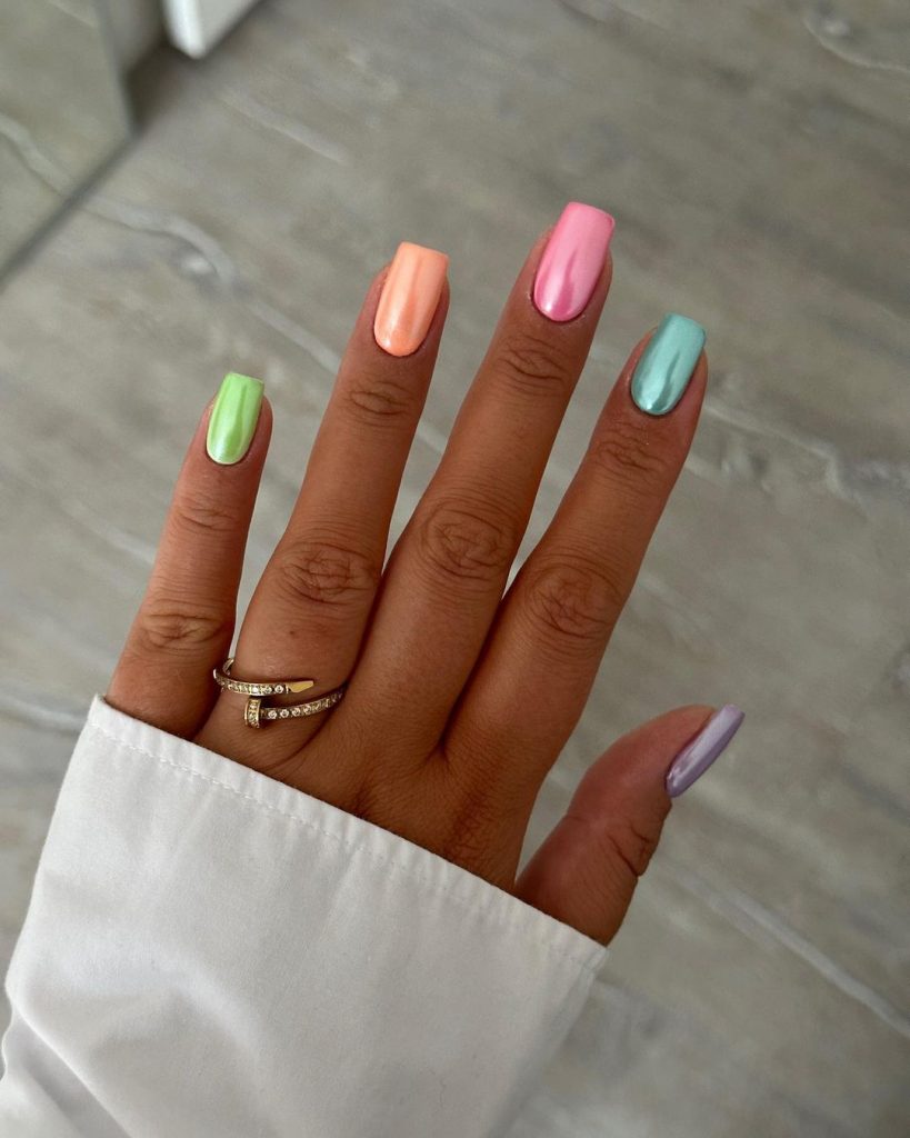 Multicolored pastel square ombre nails.
