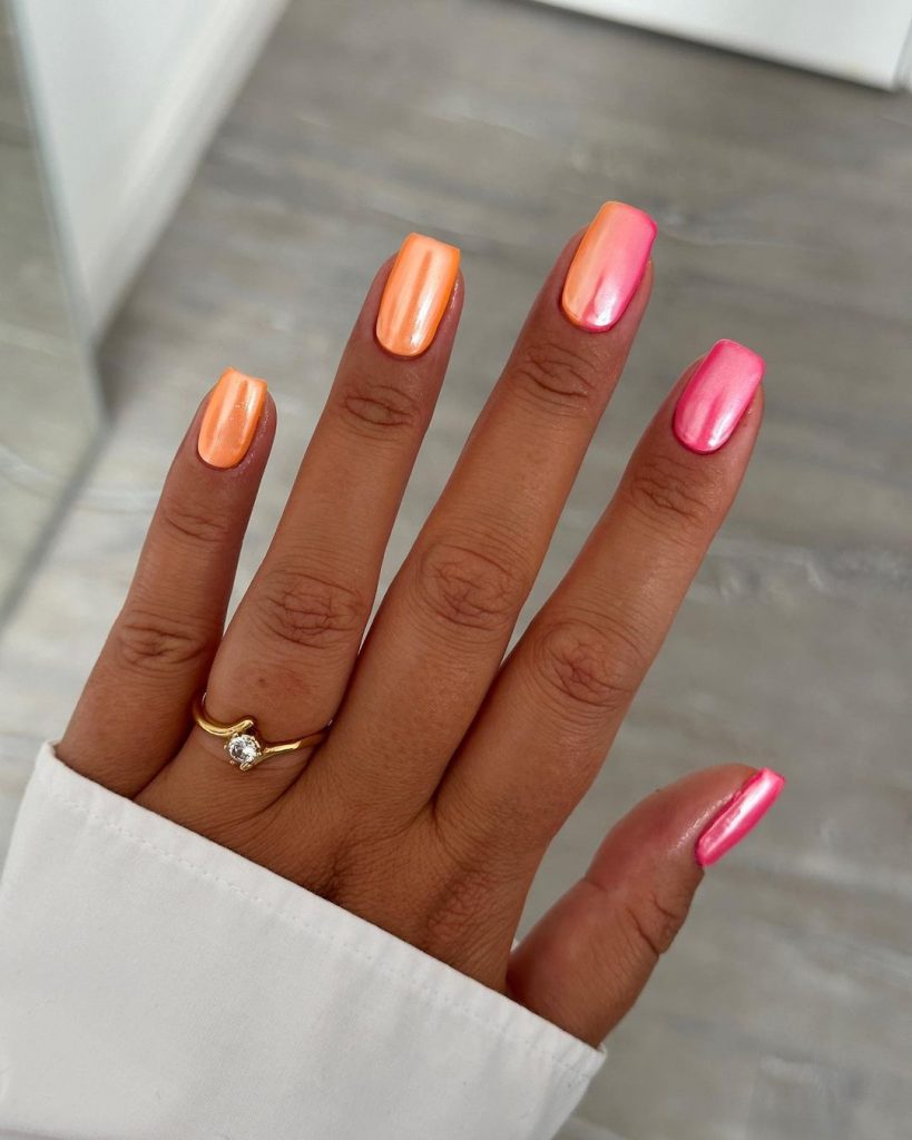 Pink and orange square nails, vertical gradient.