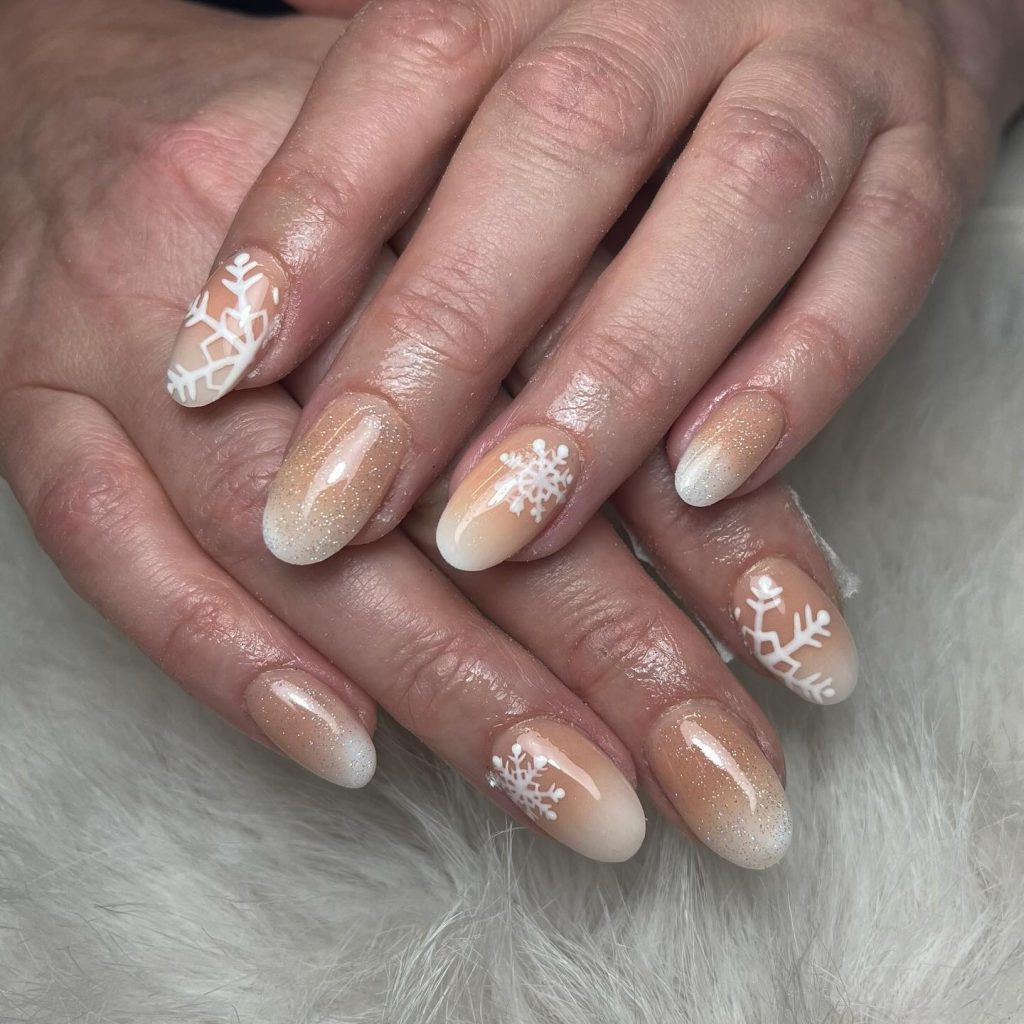 Beige ombre round with snowflake detail.