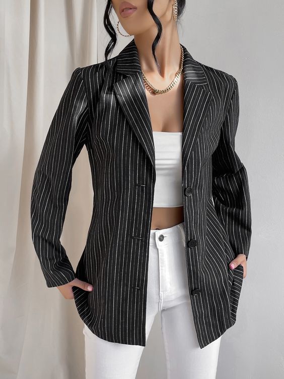 Black Pinstriped Blazer with White Top & Trousers