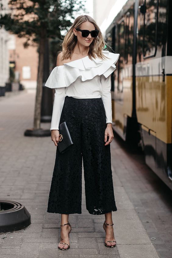 White Ruffled Top with Black Palazzo Pants