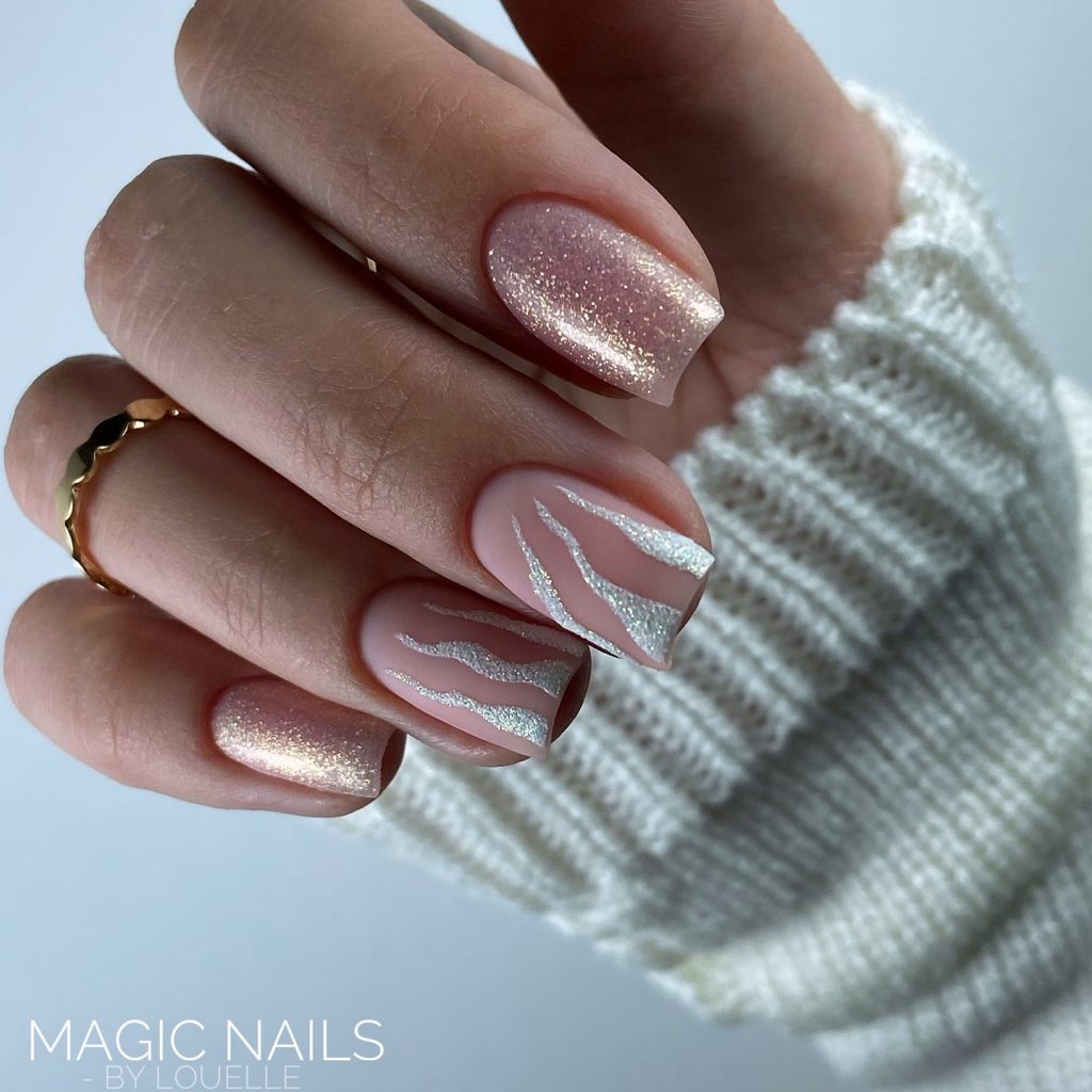 Contemporary silver strips, square pink nude nails.