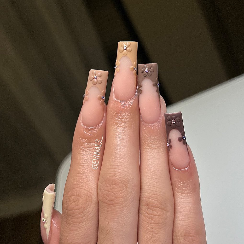 Peachy pink nude square nails, taupe French tips.