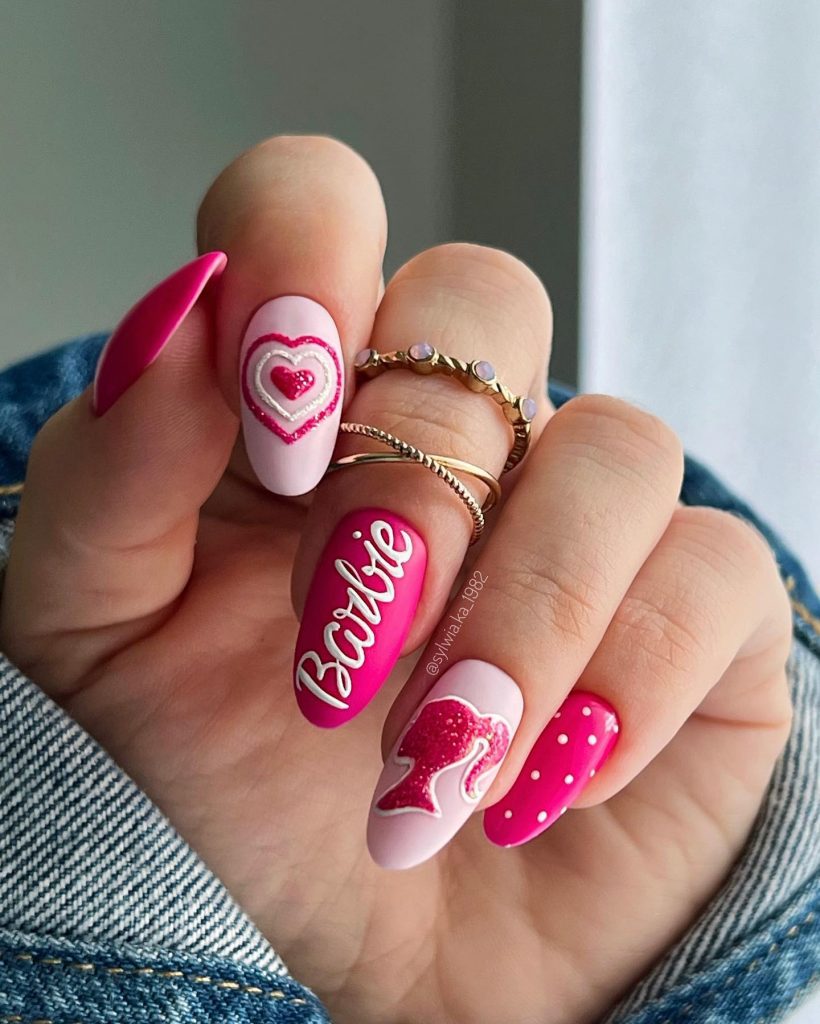 Vibrant retro Barbie nails for a playful party vibe.