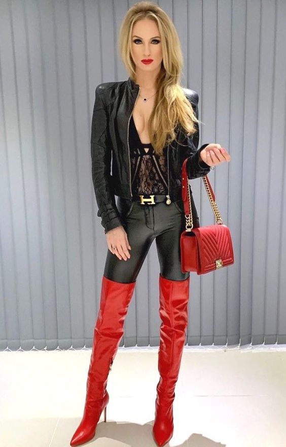 leather pants, boots, jacket for a cool look