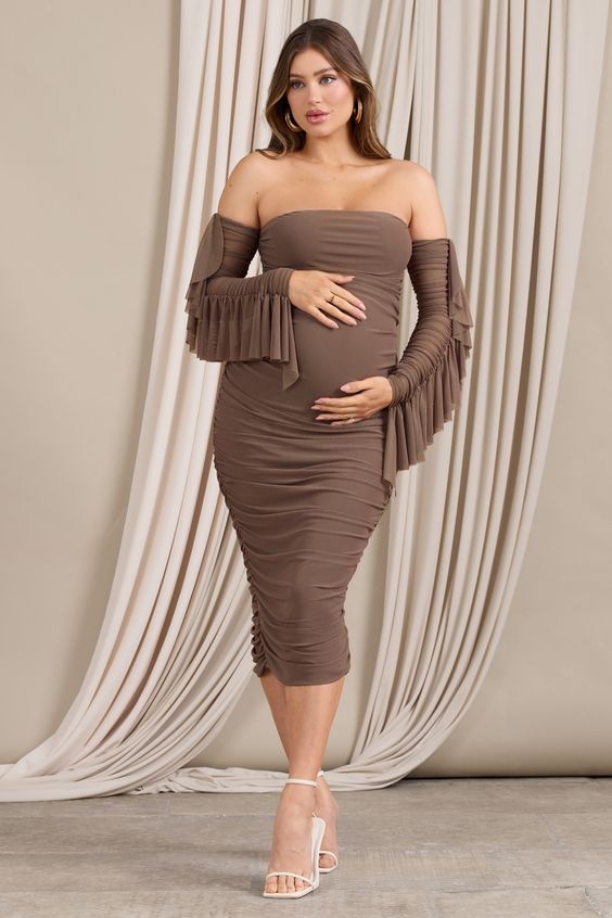 The Brown Ruched Midi Baby Shower Dress