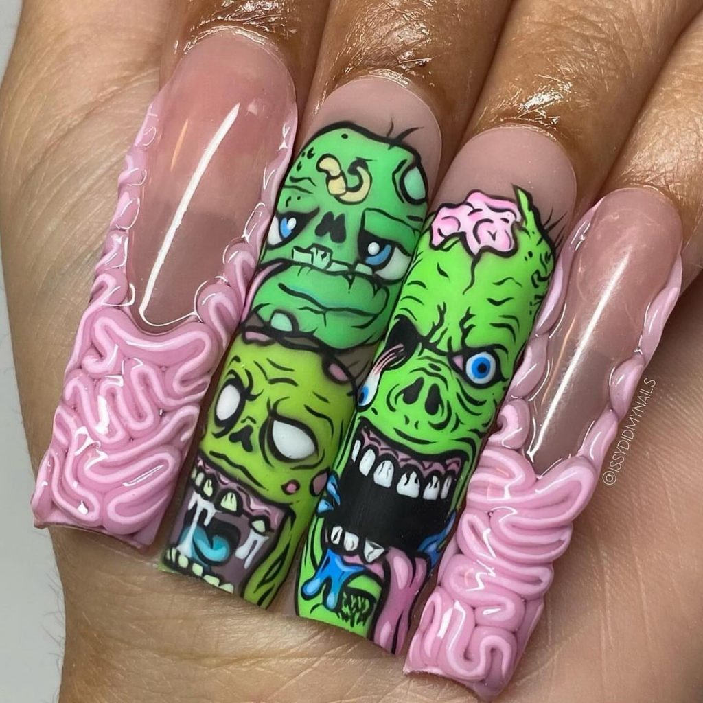 Spooky square zombie nails for a unique party look.