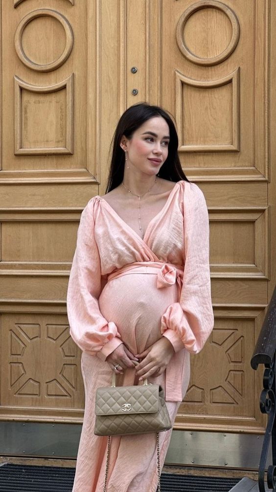 The Peach Wrapped Midi Baby Shower Dress