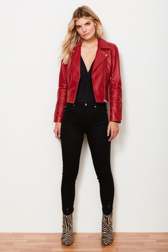 Red Leather Jacket with Black Outfit