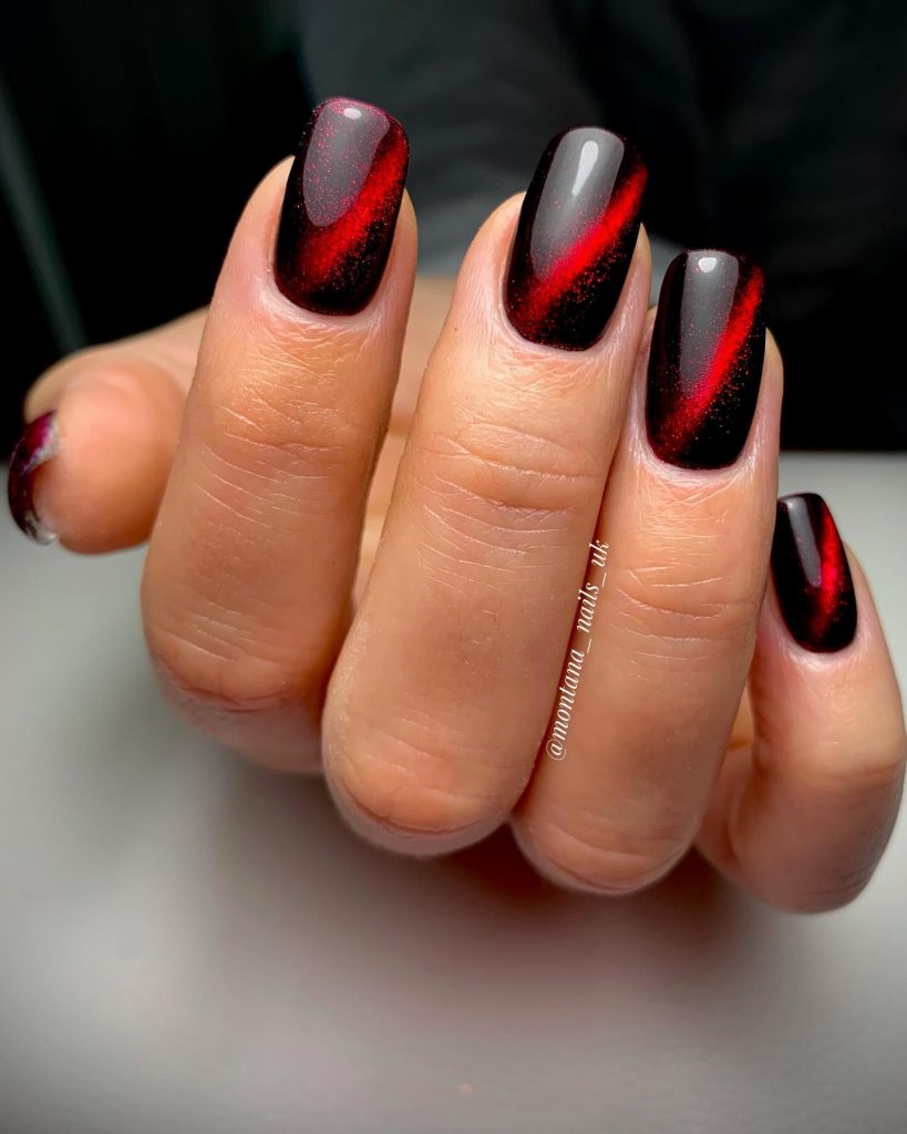 Black and Red Cat-eye Nails