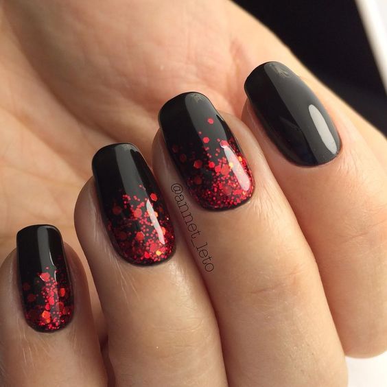 Red Glitters on Black Nails