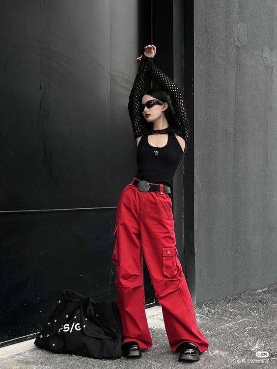 Red Cargo Pants with Black Vest Top