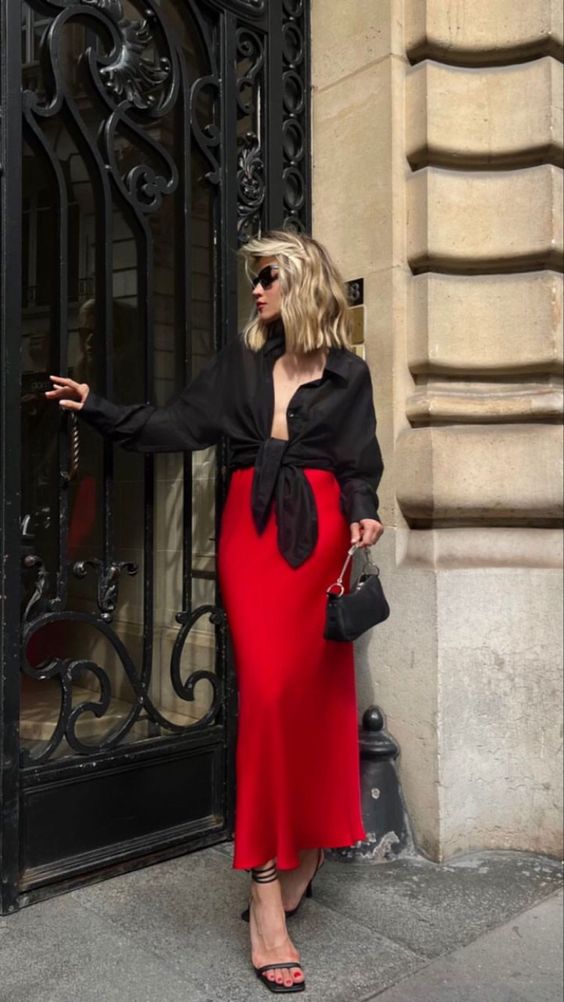 Black Cropped Shirt with Red Midi Skirt