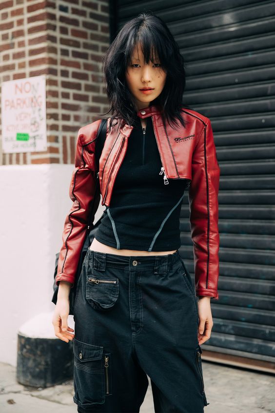 Red Cropped Leather Jacket with Black Outfit