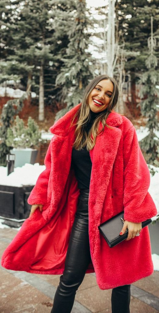 Red Oversized Furry Coat with Black Outfit