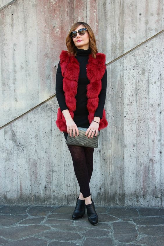 Red Fur Vest with Black Outfit