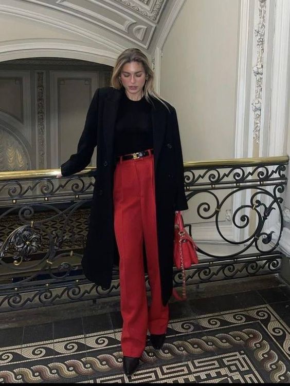 Long Black Overcoat with Red Trousers