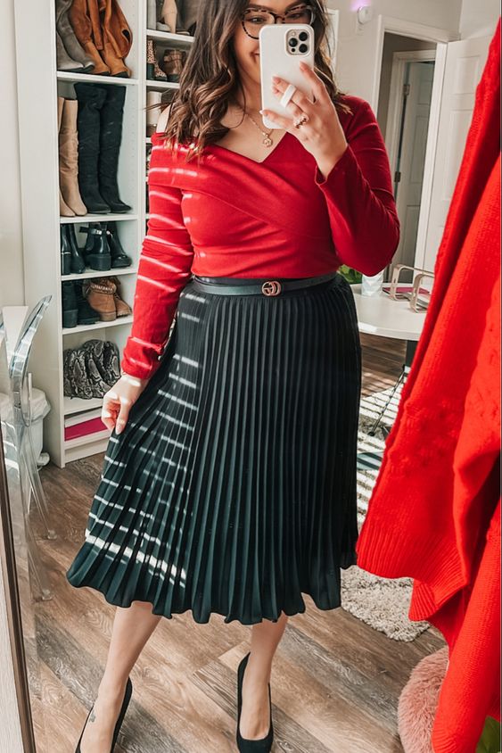 Black Pleated Skirt with Red Satin Top