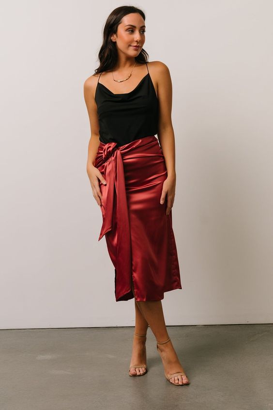 Red Satin Skirt with Black Cami Top
