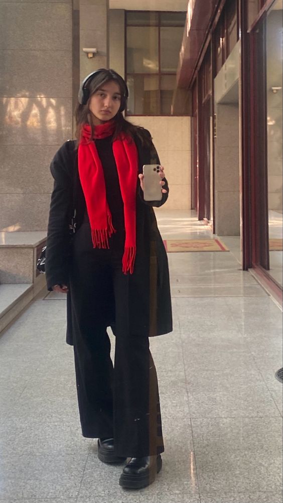 Red Scarf with Black Outfit