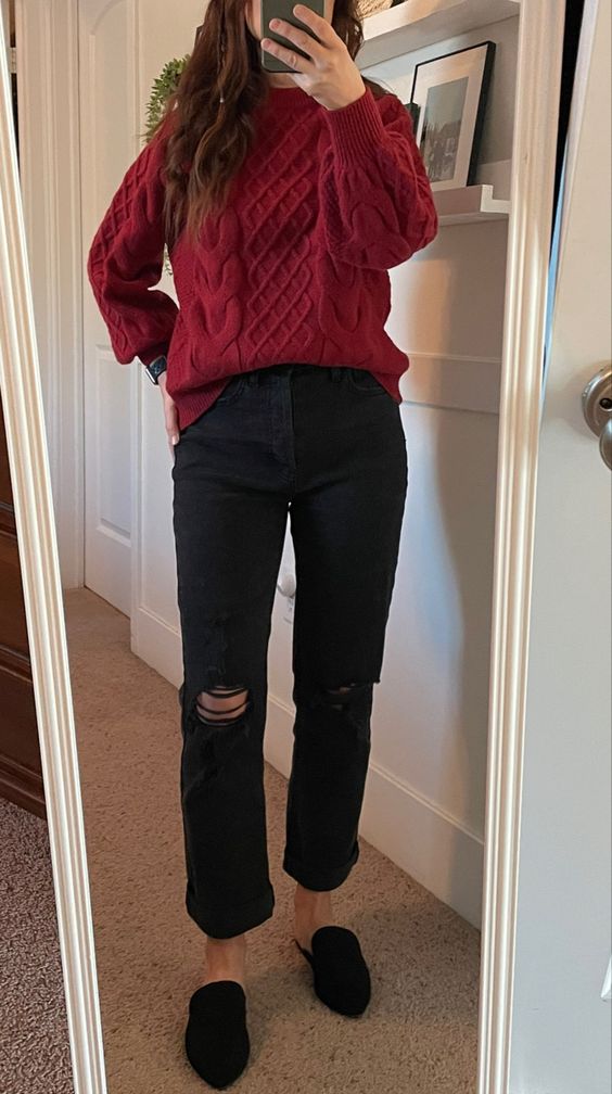Red Sweater with Black Jeans