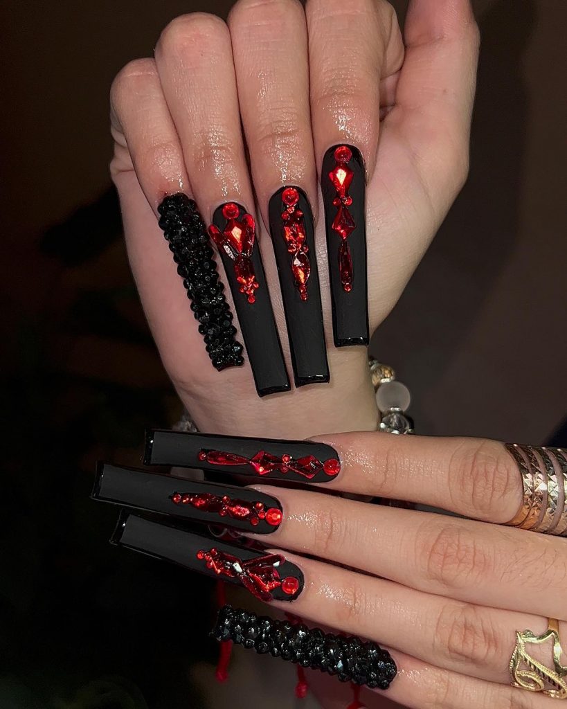Black Matte Nails with Red Rhinestones